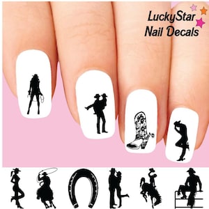 Nail Decals Nail Tattoos Set of 20 - Western Horse Cowgirl Cowboy Silhouette Assorted