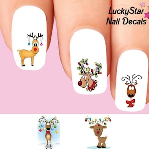 Nail Decals Nail Tattoos Set of 20 - Christmas Holiday Cute Reindeer Assorted
