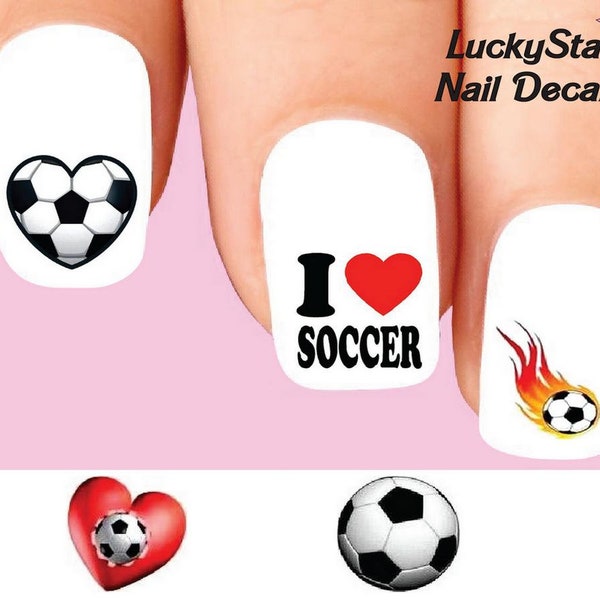 Nail Decals Nail Tattoos Set of 20 - I Love Soccer Ball Heart Flames Assorted