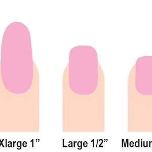 May include: An illustration of five nail sizes: XXLarge 1 1/2", XLarge 1", Large 1/2", Medium 3/8", and Small 1/4". Each nail is painted pink and shown on a light skin tone finger. The sizes are labeled at the bottom.