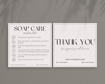 Soap Care Card Template Instruction,  Editable in Canva Template, Handmade Soap Bar Care Guide, Printable Fresh Soap Care, Thank You Card