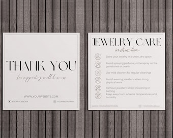 Plantilla de instrucciones de tarjeta de cuidado de joyas, editable en Canva, tarjeta de agradecimiento para clientes, tarjeta de cuidado personalizado imprimible, cuidado de anillos, cuidado de collares