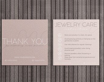 Plantilla de instrucciones de tarjeta de cuidado de joyas, editable en Canva, tarjeta de agradecimiento para clientes, tarjeta de cuidado personalizado imprimible, cuidado de anillos, cuidado de collares