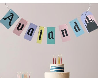 Banner de Disney con nombre personalizado, banner de princesa, banner vintage de Disney, cumpleaños de Disney, banner de castillo de Disney, banner de Magic Kingdom