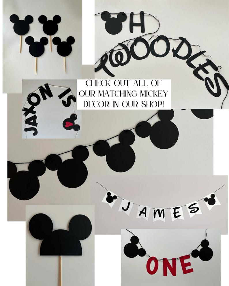 Puede incluir: Una colecci&oacute;n de decoraciones para fiestas con el tema de Mickey Mouse en negro. Incluye adornos para cupcakes, pancartas con nombres y la palabra "ONE", y un letrero que dice "JAXON IS". Tambi&eacute;n es visible el texto "CHECK OUT ALL OF OUR MATCHING MICKEY DECOR IN OUR SHOP!"