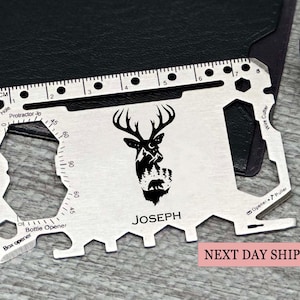 Personalisierte Hirsch Multi-Tool-Wallet-Werkzeug-Karte, individuell gravierte Überlebenskarte für Jäger, Outdoor-Enthusiasten, einzigartige Geschenke für Männer
