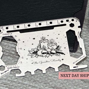 Individuelle Multi-Tool-Karte mit graviertem Kerzendesign, personalisiertes Geschenk für Männer, kompakte Überlebenskarte, einzigartiges Weihnachtsgeschenk, Brieftaschen-Werkzeug