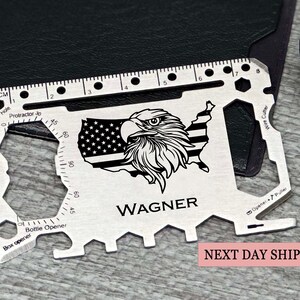 Personalisierte Multitool-Karte mit USA Adler-Design, individuelles Geschenk für Männer, Vatertagsgeschenk, amerikanischer Stolz, einzigartige gravierte Werkzeugkarte