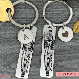 Personalized Lion Cross Keychain: Engraved Stainless Steel Religious Gift