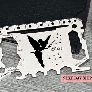 Cartera con múltiples herramientas personalizable con diseño de hadas, acero inoxidable y acabado negro, más de 40 herramientas, grabado de nombre personalizado, envío al día siguiente