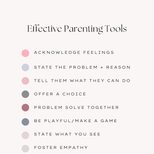 May include: A list of effective parenting tools with a colored circle next to each one. The tools are: Acknowledge Feelings, State the Problem + Reason, Tell Them What They Can Do, Offer a Choice, Problem Solve Together, Be Playful/Make a Game, State What You See, Foster Empathy, Praise the Positive.