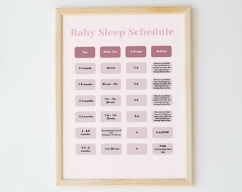 May include: A printable chart with a pink background and a wooden frame. The chart is titled "Baby Sleep Schedule" and includes a table with columns for age, wake time, number of naps, and bedtime. The table lists recommended sleep schedules for babies from 0-6 months old.