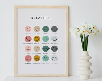 May include: A framed print with the text "TODAY I FEEL..." and a grid of 12 colorful cartoon faces representing different emotions. Each face is labeled with a word describing the emotion, such as "angry", "happy", "sad", "calm", "frustrated", "proud", "anxious", "relaxed", "silly", "surprised", "bored", "kind", "scared", "excited", "confused", and "loving".