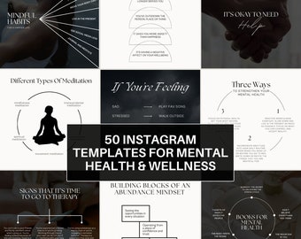 Mental Health Instagram Posts, Therapist Templates, Wellness Social Media, Canva Templates, Template Bundle, Psychology and Counselors.