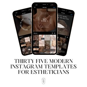 May include: Thirty-five modern Instagram templates for estheticians. The templates feature a variety of designs, including a grid of images, a single image with text, and a carousel of images. The templates are designed to help estheticians promote their services and connect with their clients.