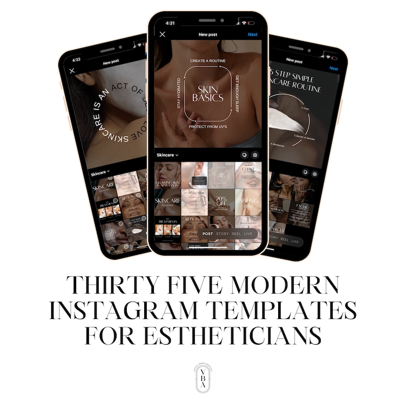 May include: Thirty-five modern Instagram templates for estheticians. The templates feature a variety of designs, including a grid of images, a single image with text, and a carousel of images. The templates are designed to help estheticians promote their services and connect with their clients.