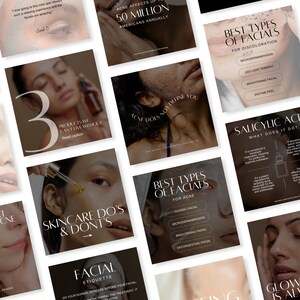 May include: A collage of images promoting facial treatments for acne and discoloration. The images feature close-ups of faces with different skin types and text that highlights the benefits of various facials. The text includes "Acne affects up to 50 million Americans annually", "Best Types of Facials for Acne", "Best Types of Facials for Discoloration", "Salicylic Acid: What Does It Do?", "Skincare Do's & Don'ts", and "Facial Etiquette".