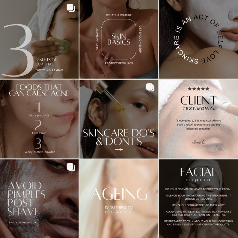 May include: A collage of nine images with skincare tips and advice. The images feature close-ups of faces with different skincare products and treatments. The text includes phrases like "Skincare Do's & Don'ts", "Foods That Can Cause Acne", "Ageing is Nothing to Be Scared Of", and "Facial Etiquette".