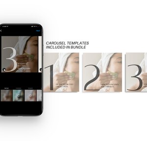 May include: A carousel template for social media featuring a woman using a jade roller on her face. The template includes three slides with the numbers 1, 2, and 3. The text on the slides reads "Promotes blood circulation", "Improves fine lines and wrinkles", and "Relieves tension".