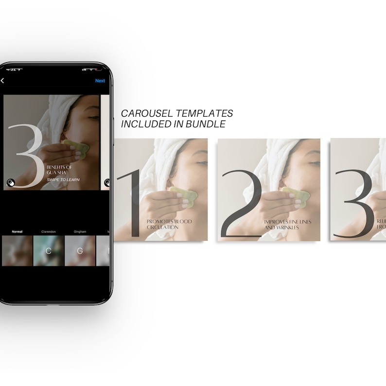 May include: A carousel template for social media featuring a woman using a jade roller on her face. The template includes three slides with the numbers 1, 2, and 3. The text on the slides reads "Promotes blood circulation", "Improves fine lines and wrinkles", and "Relieves tension".