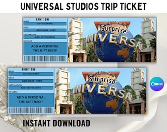 Boleto de viaje a Universal Studios, Revelación de viaje sorpresa, Boleto de vacaciones personalizado, Pase de abordar para parques temáticos, Regalo de descarga digital