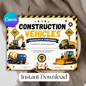 Puede incluir: Un certificado de logro rectangular sobre vehículos de construcción con bordes de precaución amarillos y negros, ilustrado con una excavadora, un camión volquete, una hormigonera y una excavadora, con texto Great Work y Keep Building.