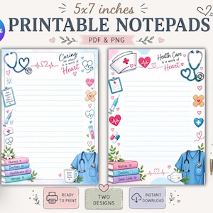 Può includere: Due design di blocchi note stampabili da 12,7x17,8 cm a tema medico. Ogni pagina include carta a righe con illustrazioni di stetoscopi, cuori, siringhe, cerotti e pile di libri etichettati come Nurses, Doctors, Healthcare e Heroes.