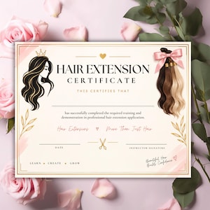 Könnte beinhalten: Ein rechteckiges Haarverlängerungszertifikat mit cremefarbenem Hintergrund und goldenem Rand. Es zeigt die schwarze Silhouette einer Frau mit langem Haar und Krone, eine rosa Schleife mit Haarsträhnen sowie den Text HAIR EXTENSION CERTIFICATE.