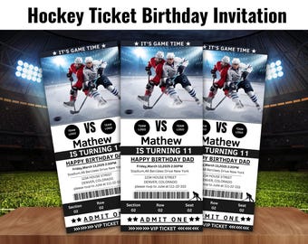 May include: A black and white hockey ticket birthday invitation with a photo of two hockey players on the ice. The invitation says "Mathew is turning 11" and includes the date, time, and location of the party. It also includes a RSVP phone number.