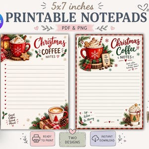 Op de afbeelding: Twee 12,7 x 17,8 cm printbare notitieblokontwerpen met kerstkoffiethema's. De pagina's bevatten gelinieerd papier met illustraties van rode mokken, slagroom, dennentakken en de tekst Christmas Coffee Notes, Good Coffee Good Mood en Sip Relax Be Merry.