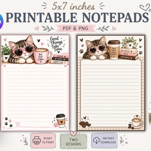 Puede incluir: Dos blocs de notas imprimibles de 12,7 x 17,8 cm con un gato con gafas de sol en forma de corazón, tazas de café y libros. El bloc izquierdo tiene un borde rosa con el texto Good Things Take Time. El derecho tiene un borde marrón.