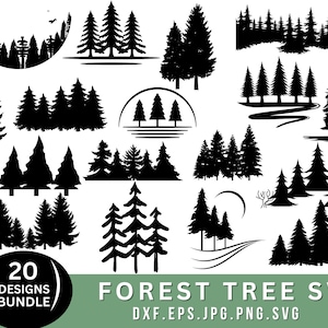 May include: A set of 20 black and white silhouette SVG designs of various forest trees. The designs include single trees, groups of trees, and trees with a river or moon in the background. The text "20 Designs Bundle" and "Forest Tree SVG" is included in the image.