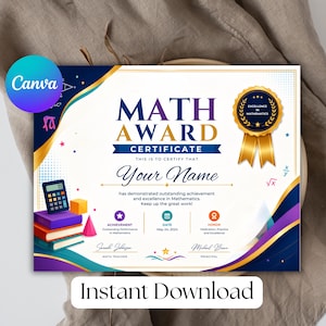 Pode incluir: Um certificado de prémio de matemática retangular com o texto MATH AWARD CERTIFICATE, um selo dourado com as palavras EXCELLENCE IN MATHEMATICS, uma calculadora, livros empilhados e formas geométricas em tons de azul, roxo e dourado.