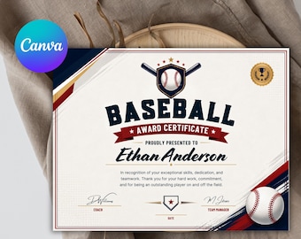 Vorlage für eine Baseball-Urkunde, bearbeitbare Baseball-Urkunde, Auszeichnung für sportliche Leistungen, Trainer-Spieler-Urkunde, digitaler Download