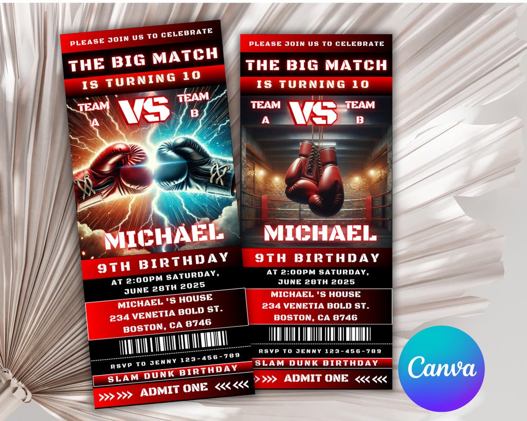 Boxing Ticket Birthday Invitation Template | Editable Canva Sports ...