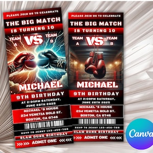Puede incluir: Dos invitaciones de fiesta de cumpleaños con temática de boxeo. Las invitaciones presentan esquemas de color rojo y negro, con el texto "The Big Match is Turning 10" y "Michael 9th Birthday". Una invitación muestra guantes de boxeo con rayos, la otra muestra guantes de boxeo en un ring.