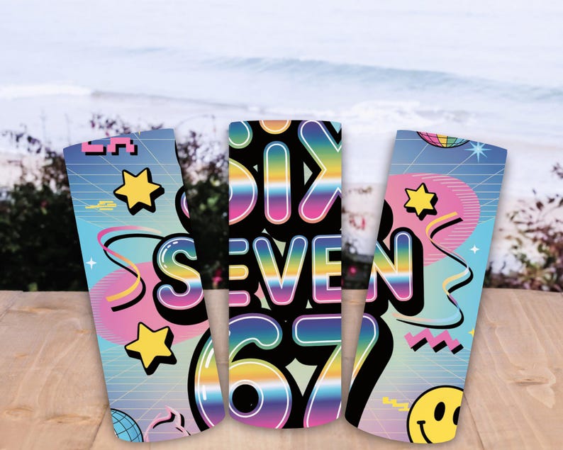 May include: Three colorful tumblers with a retro design. The tumblers feature the text "SIX SEVEN 67" in a rainbow gradient font. Each tumbler has a different background with stars, a disco ball, and a smiley face.