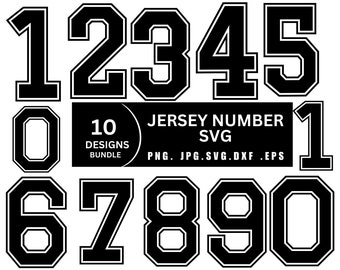 May include: A set of ten black and white jersey numbers, 0-9, in a bold, blocky font style. The numbers are outlined in white and have a vintage, athletic feel. The text below the numbers reads "10 Designs Bundle, Jersey Number SVG, PNG, JPG, SVG, DXF, EPS".