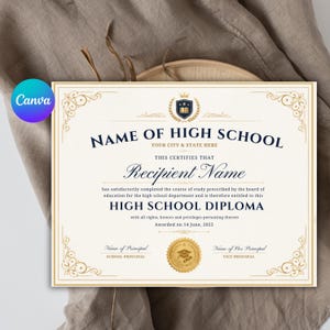 May include: A high school diploma certificate template featuring dark blue text on a cream background with gold decorative borders, a central crest with a book icon, and a gold embossed seal at the bottom. The text includes placeholders for names.