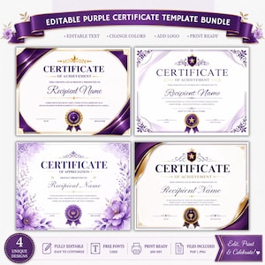 May include: A bundle of four editable purple certificate templates featuring various designs with gold accents, floral motifs, and formal typography. The text includes "EDITABLE PURPLE CERTIFICATE TEMPLATE BUNDLE," "CERTIFICATE OF ACHIEVEMENT," and "CERTIFICATE OF APPRECIATION" with placeholders for recipient names, dates, and signatures.