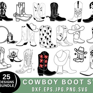 May include: A set of 25 black and white cowboy boot SVG designs. The designs include various styles of cowboy boots, including classic, pointed toe, and embellished boots. The designs are perfect for creating custom t-shirts, mugs, tote bags, and other crafts.