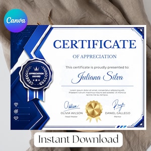 Op de afbeelding: Een wit waarderingscertificaat met blauwe geometrische accenten en randen. Het bevat een zilveren zegel met een kroonpictogram, een gouden cirkelvormige zegel en handtekeningen van Olivia Wilson en Daniel Gallego. De tekst luidt Certificate of Appreciation.