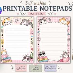 Peut inclure: Deux modèles de blocs-notes imprimables de 12,7 x 17,8 cm avec des chats dessinés, des empreintes de pattes, des pelotes de laine et des textes inspirants. La papeterie présente du papier ligné avec des bordures à carreaux roses et crème.