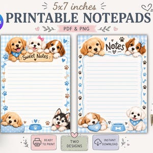 May include: Two 12.7 x 17.8 cm printable notepad designs featuring blue gingham borders, lined paper, and illustrations of puppies. One design includes the text Sweet Notes, the other includes the text Notes. Both feature paw prints, hearts, and dog bowls.