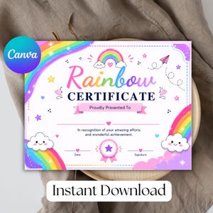 Peut inclure: Un certificat rectangulaire sur le thème de l'arc-en-ciel avec le texte Rainbow CERTIFICATE Proudly Presented To In recognition of your amazing efforts and wonderful achievement. Le design inclut des arcs-en-ciel, des nuages, des étoiles et des cœurs.