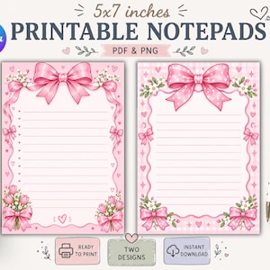 Könnte beinhalten: Zwei 12,7 x 17,8 cm große, druckbare Notizblock-Designs mit rosa Schleifen, kleinen weißen Blumen und Herzakzenten. Das Briefpapier enthält horizontale Linien, wobei ein Design einen einfarbigen rosa Hintergrund und das andere ein Vichy-Karomuster hat.