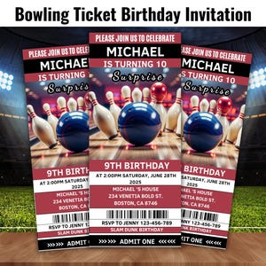 Bowling Ticket Invite Birthday Party Invitation, Girl Sports Bowling Alley Party Evite, Kids Bowling Ball Pin Strike Up Some Fun Evite