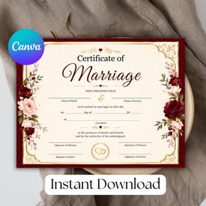 Editable Certificate of Marriage Template, Printable Marriage Certificate, Wedding Certificate Template, Instant Download, Editable Template