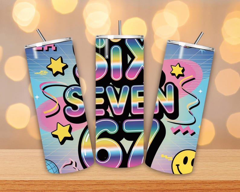 May include: Three stainless steel tumblers with lids and straws. Each tumbler features a retro design with the words "SIX SEVEN 67" in a rainbow gradient, along with stars, a smiley face, and other graphics.