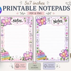 May include: Two 5x7 inch printable notepad designs featuring lined paper with pink and purple checkered borders, decorated with butterflies, flowers, hearts, and stacks of books. The text includes "Notes," "Small Steps Big Dreams," "Be Kind," "Make Today Amazing," "You Can Do It," "Good Vibes Only," "Teach," "Inspire," "Encourage," "Change Lives," and "Better Days Ahead."